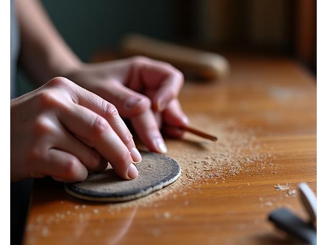 Artisan meticulously sanding an antique wooden table